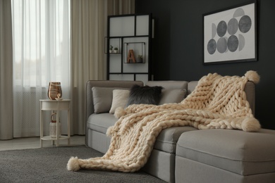 Comfortable sofa with knitted plaid in living room. Interior design