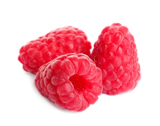 Photo of Delicious ripe sweet raspberries isolated on white