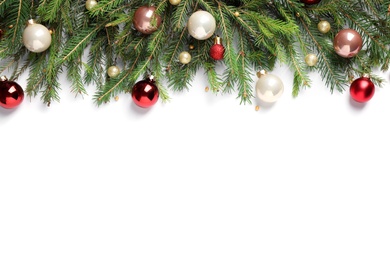 Fir branches with Christmas decorations on white background, flat lay