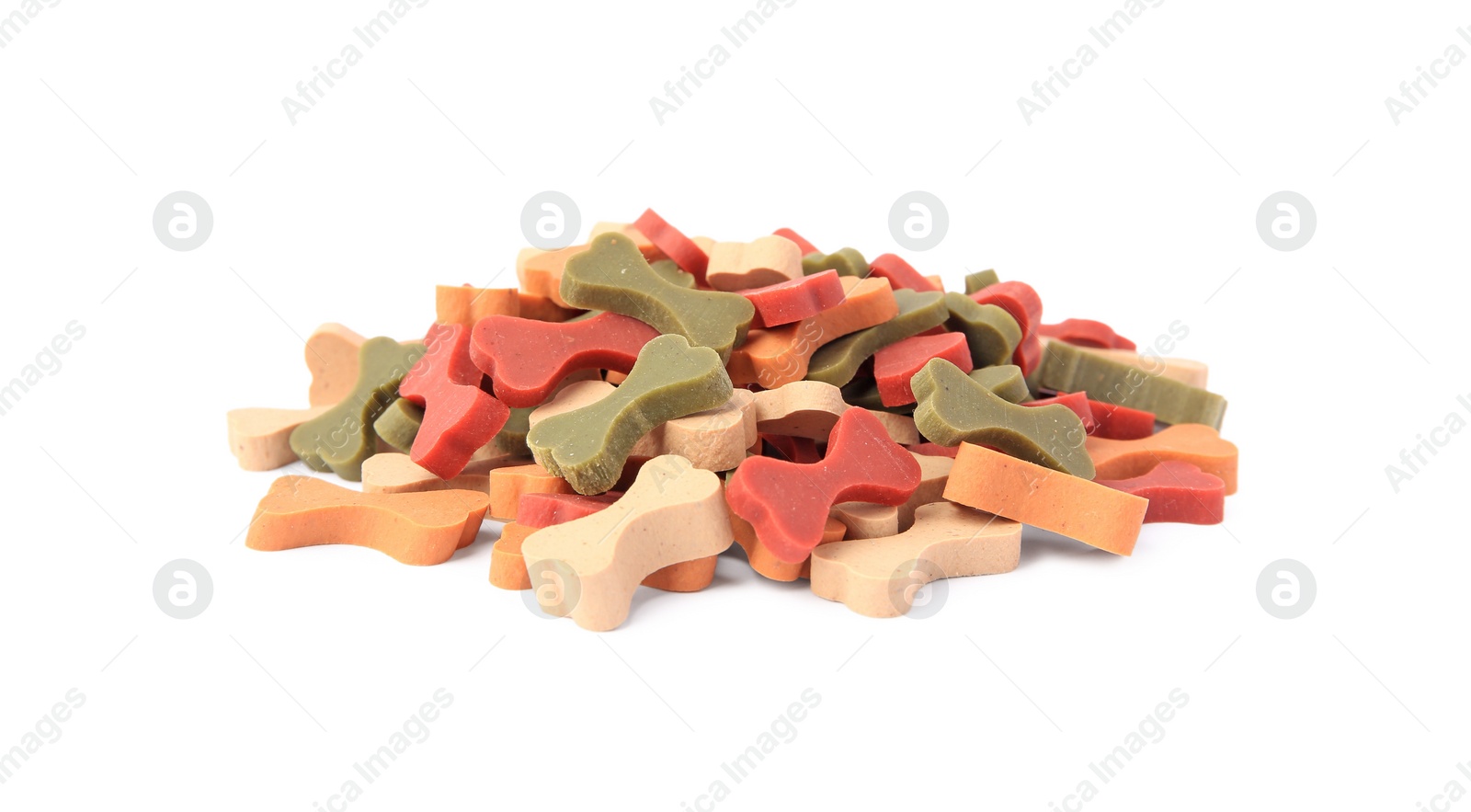 Photo of Many bone shaped vitamins for pets isolated on white