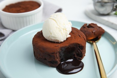 Delicious fresh fondant with hot chocolate and ice cream on plate, closeup
