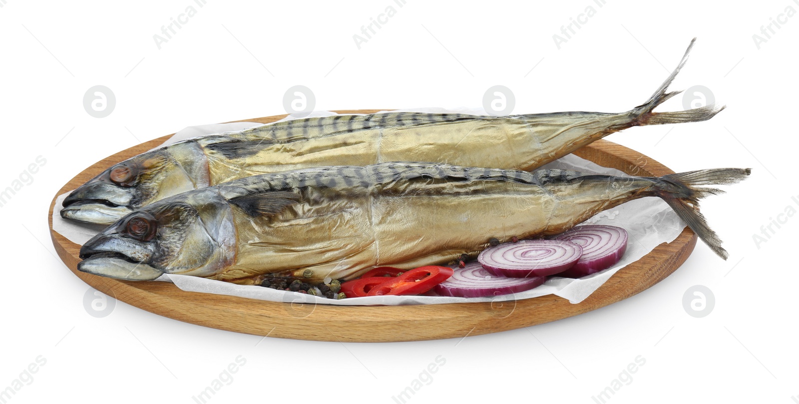Photo of Delicious smoked mackerels, chili pepper and onion isolated on white