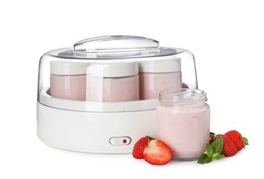 Photo of Modern yogurt maker with full jars and strawberries on white background