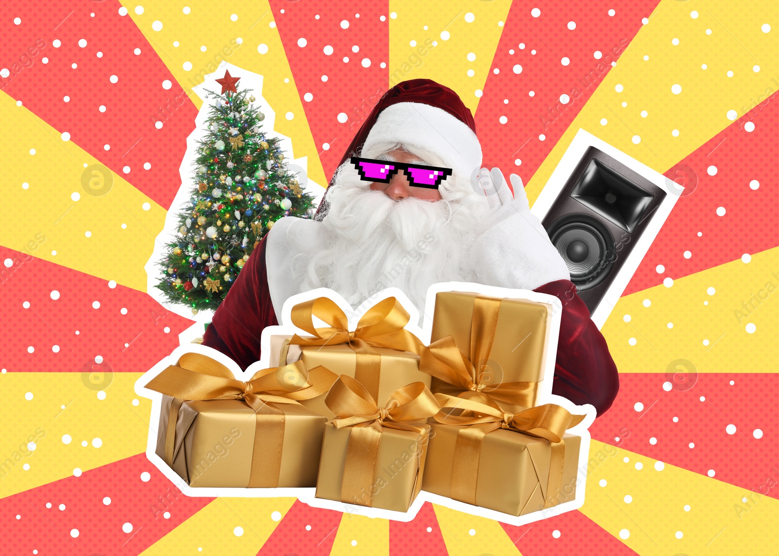 Image of Winter holidays bright artwork. Santa Claus with party sunglasses, gift boxes, Christmas tree and sound speaker against color background, creative collage