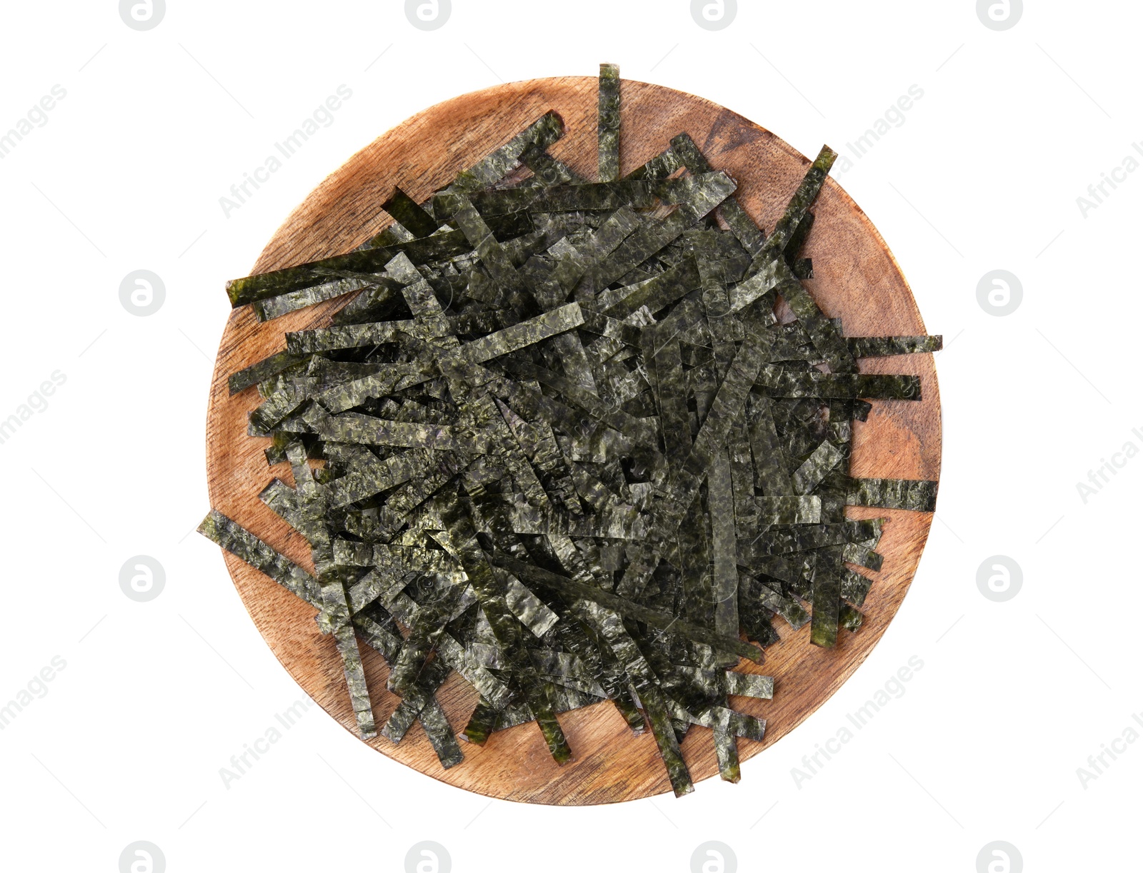 Photo of Wooden board with chopped crispy nori sheets isolated on white, top view