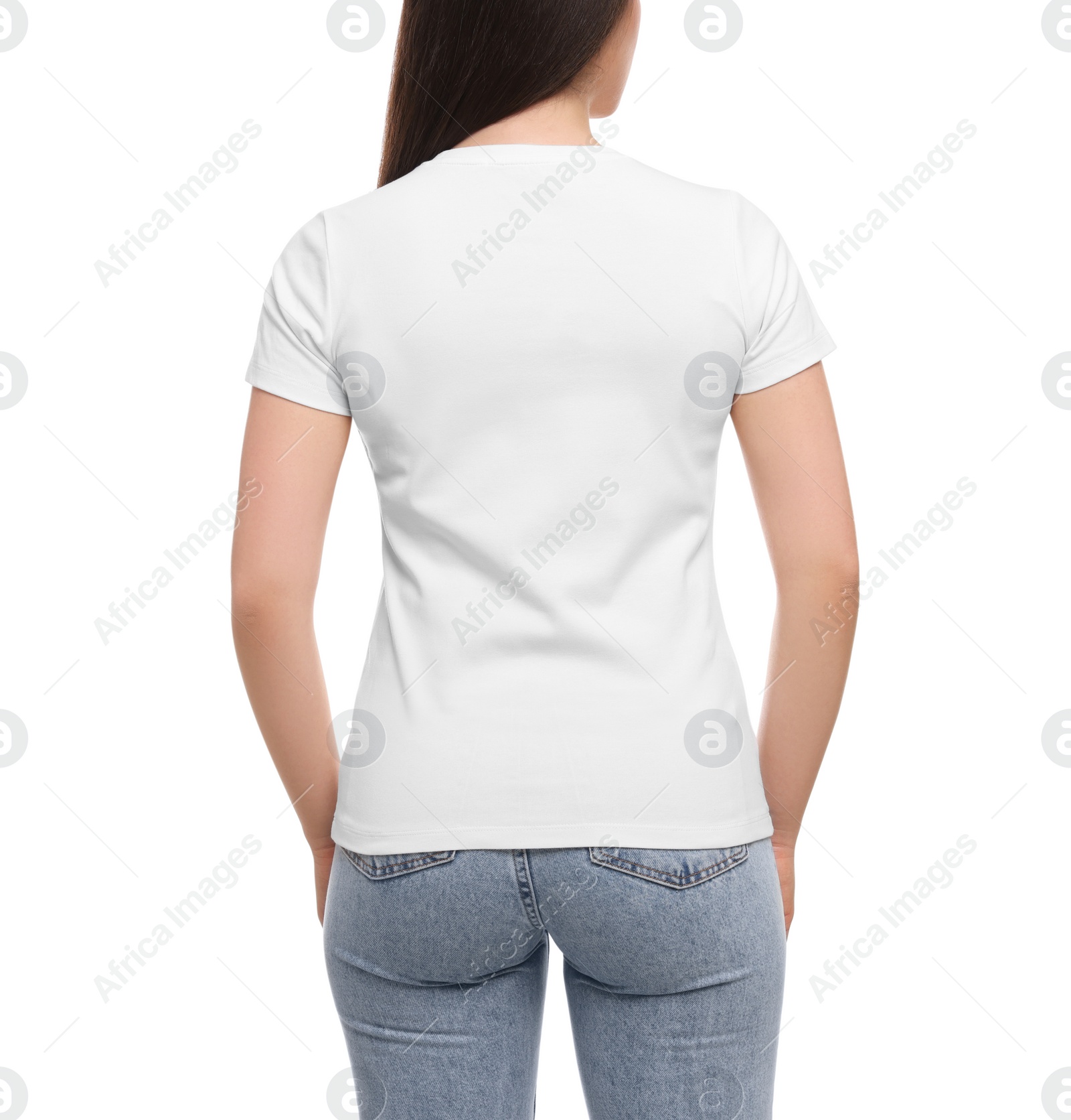 Photo of Woman wearing stylish T-shirt on white background, closeup