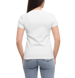 Woman wearing stylish T-shirt on white background, closeup