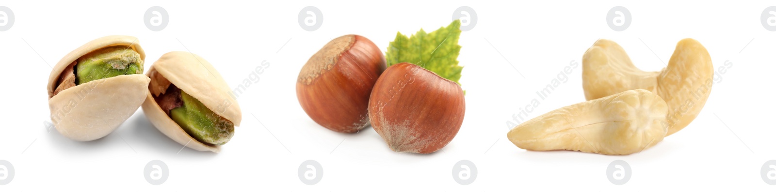 Image of Tasty pistachio nuts, hazelnuts and cashews isolated on white, set