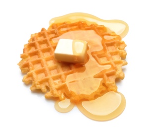 Photo of Delicious waffle with butter and honey on white background