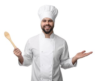 Happy young chef in uniform holding wooden spoon on white background