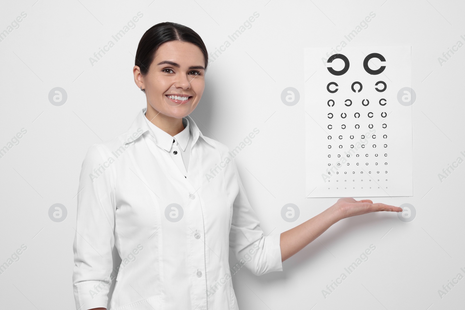Photo of Ophthalmologist showing vision test chart on white wall