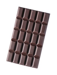 Photo of Delicious dark chocolate bar isolated on white, top view