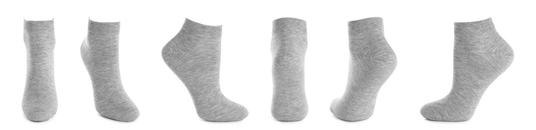 Set with light grey socks on white background. Banner design