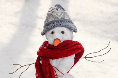 Funny snowman with scarf and hat outdoors