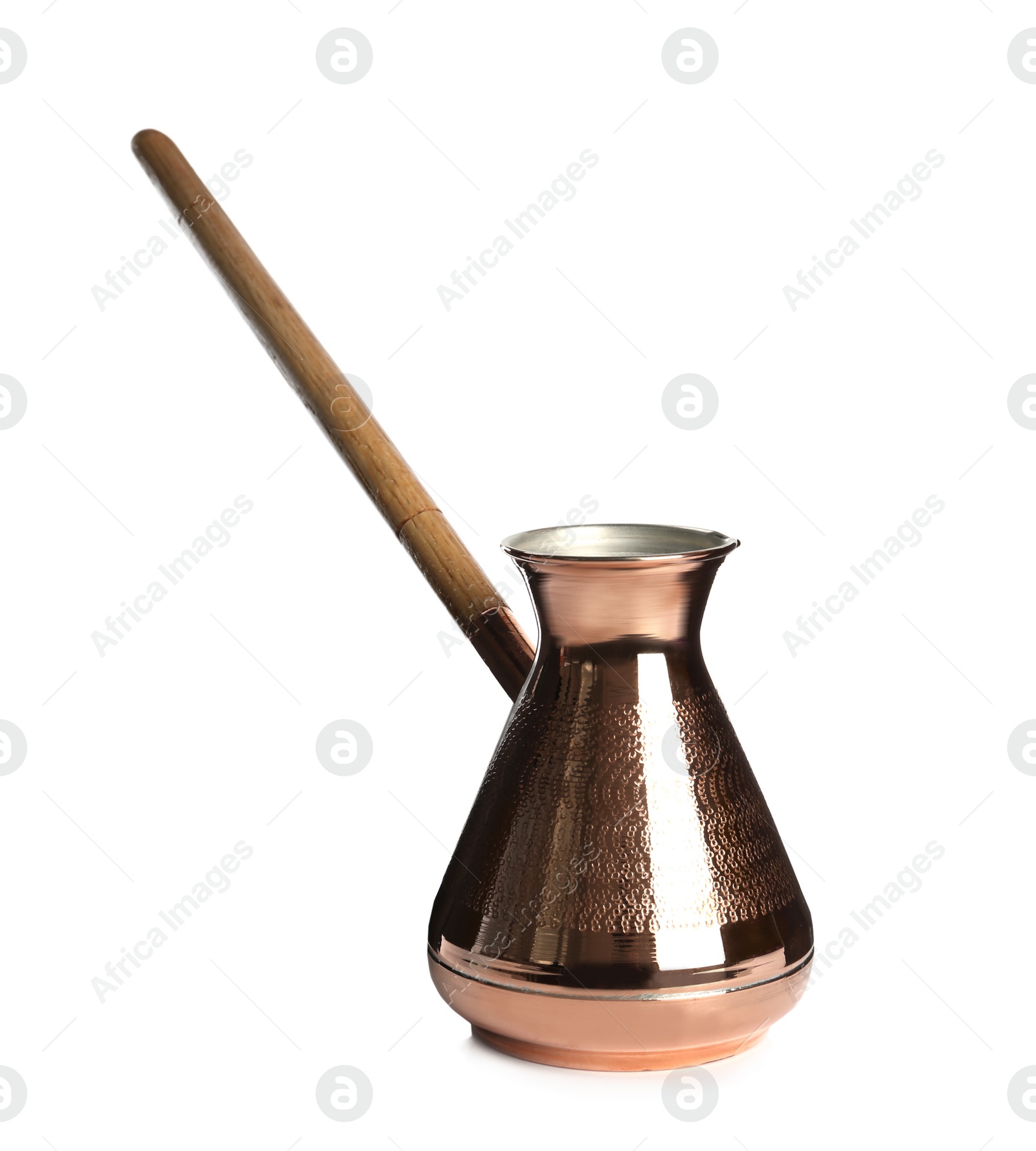 Photo of Beautiful copper turkish coffee pot with wooden handle isolated on white