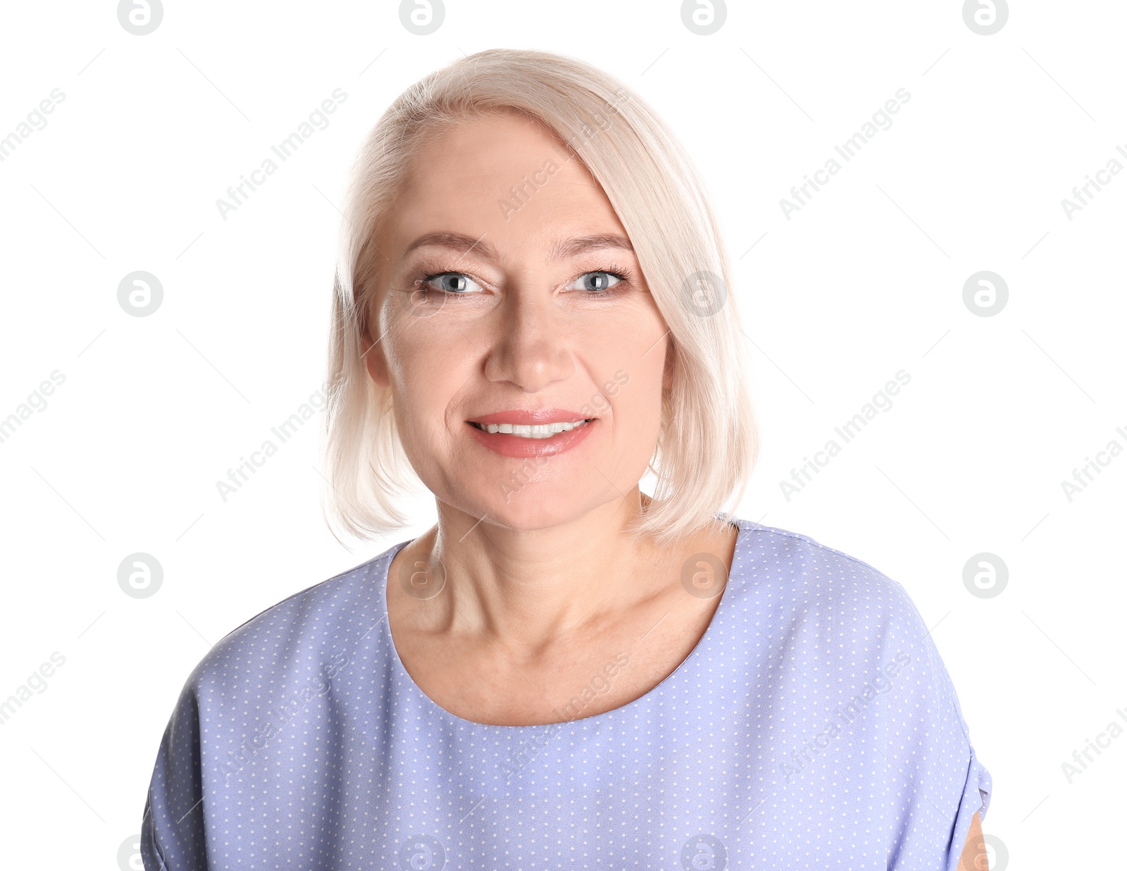 Photo of Portrait of charming mature woman with healthy beautiful face skin and natural makeup on white background