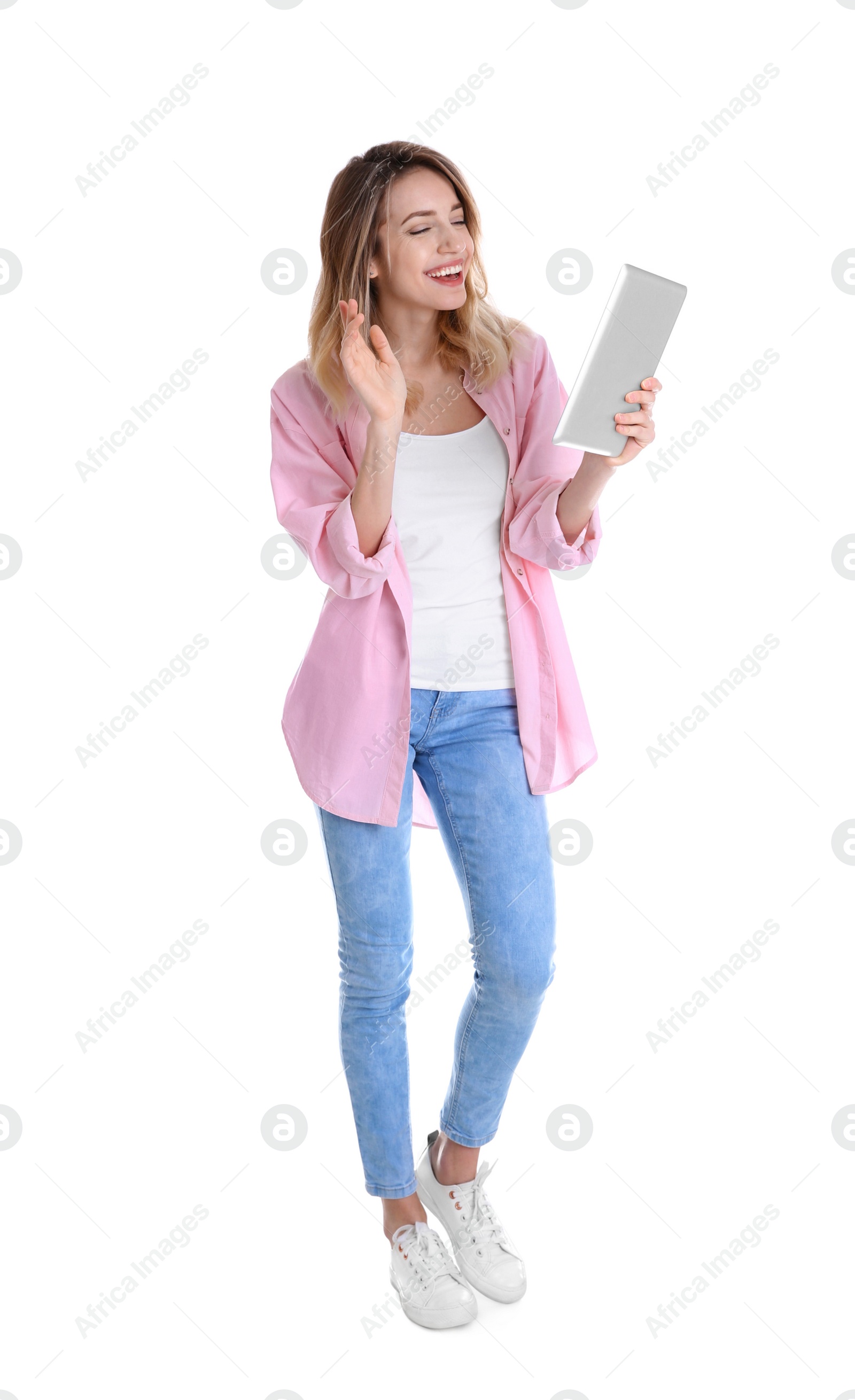 Photo of Woman using tablet for video chat isolated on white