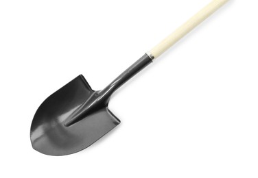 Photo of One new shovel with wooden handle isolated on white. Gardening tool