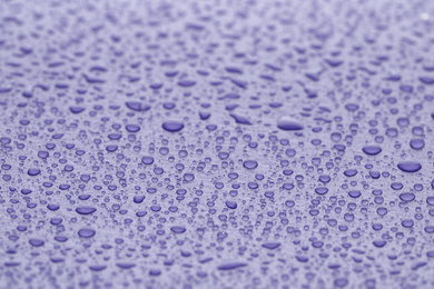 Photo of Water drops on lilac background, closeup view