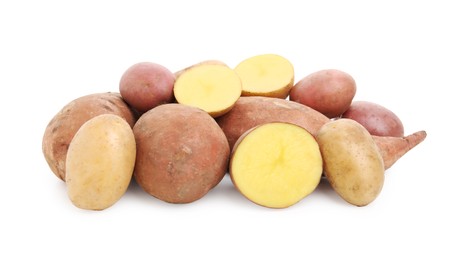 Photo of Different types of fresh potatoes on white background