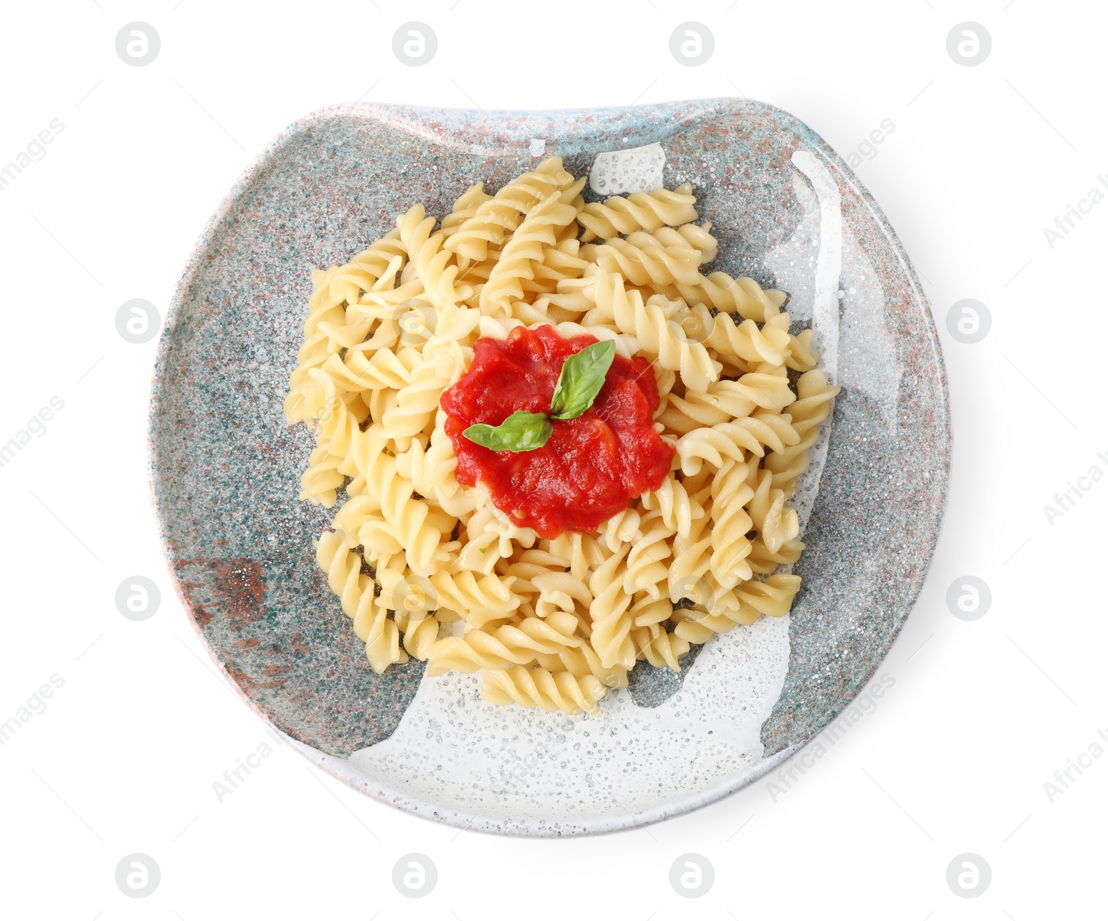 Photo of Tasty pasta with tomato sauce and basil isolated on white, top view