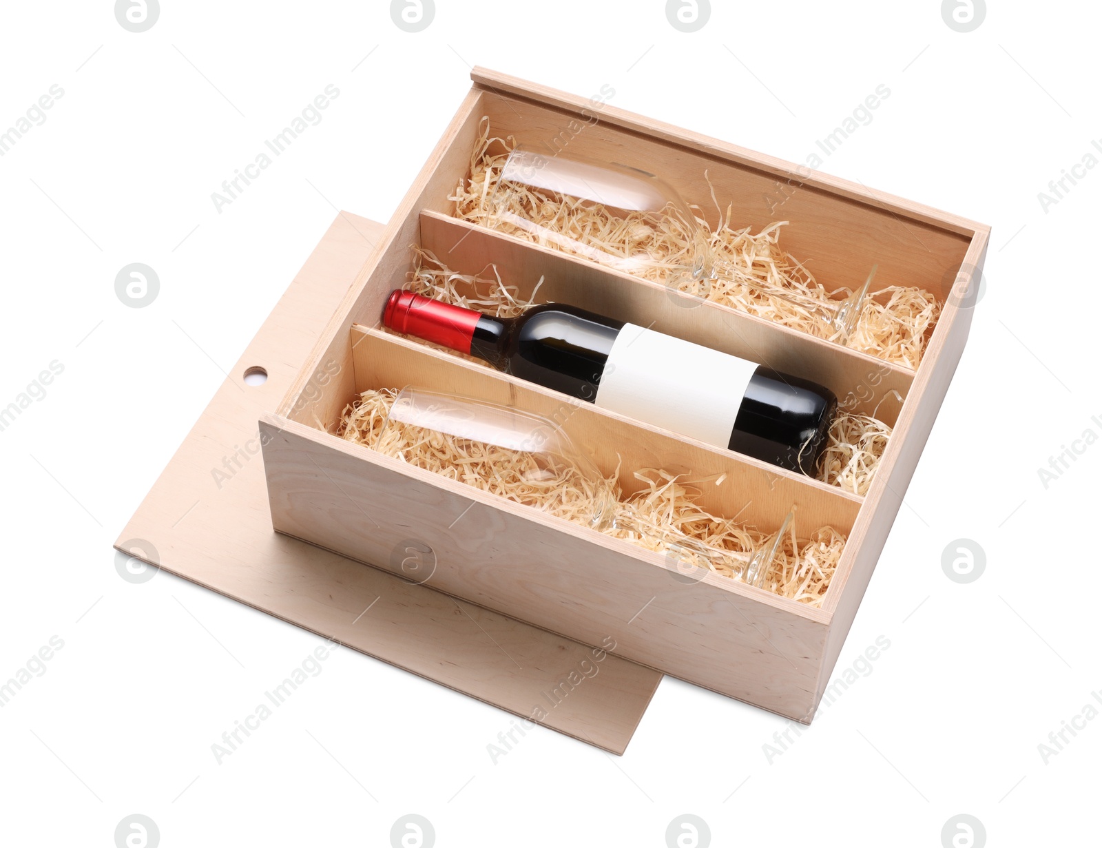 Photo of Wooden gift box with bottle of wine and glasses isolated on white