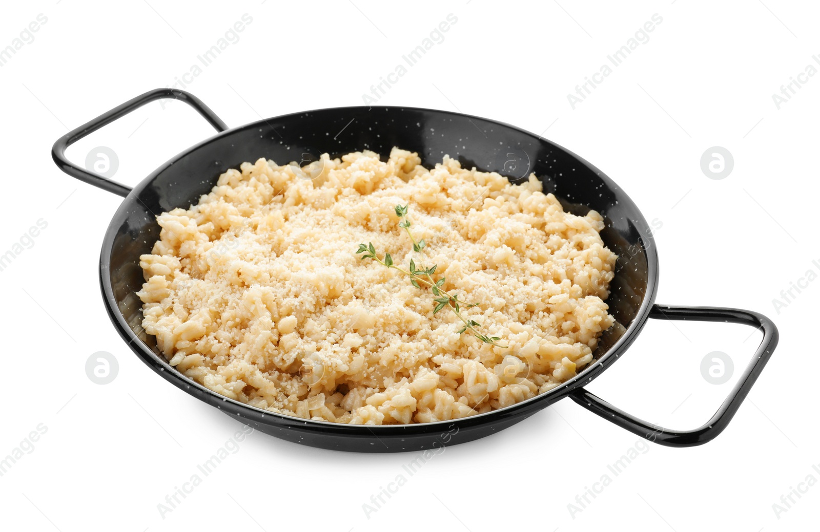 Photo of Delicious risotto with cheese isolated on white