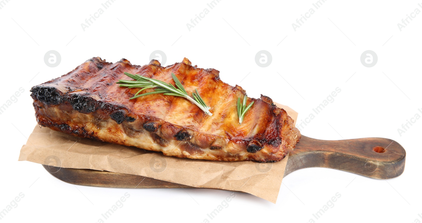 Photo of Tasty grilled ribs with rosemary isolated on white