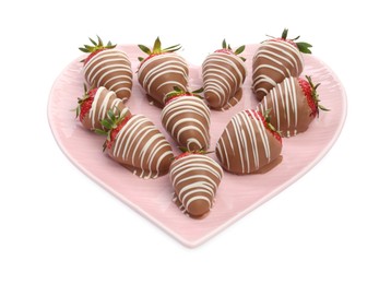 Photo of Heart shaped plate with delicious chocolate covered strawberries isolated on white