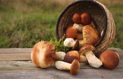 Photo of Fresh wild mushrooms on wooden table outdoors, space for text