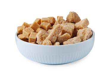 Photo of Bowl with cubes and chunks of brown sugar isolated on white