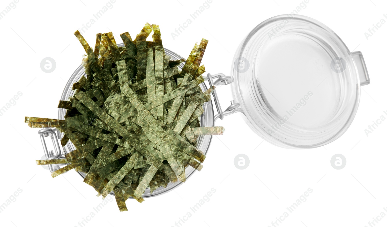 Photo of Jar with chopped crispy nori sheets isolated on white, top view