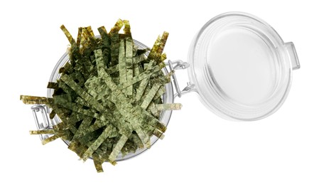 Photo of Jar with chopped crispy nori sheets isolated on white, top view