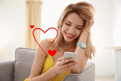 Image of Young woman visiting dating site via smartphone indoors