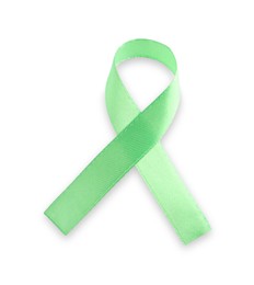 Photo of Light green awareness ribbon isolated on white, top view