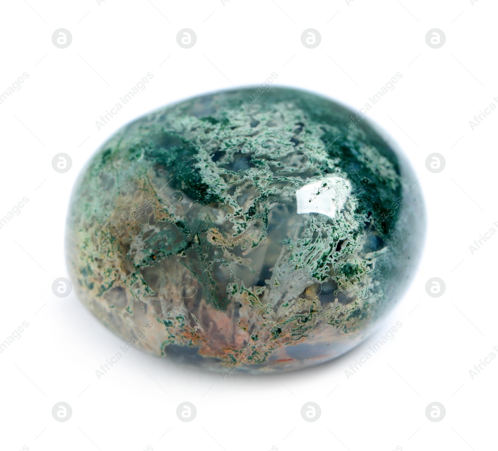 Photo of Beautiful moss agate gemstone on white background