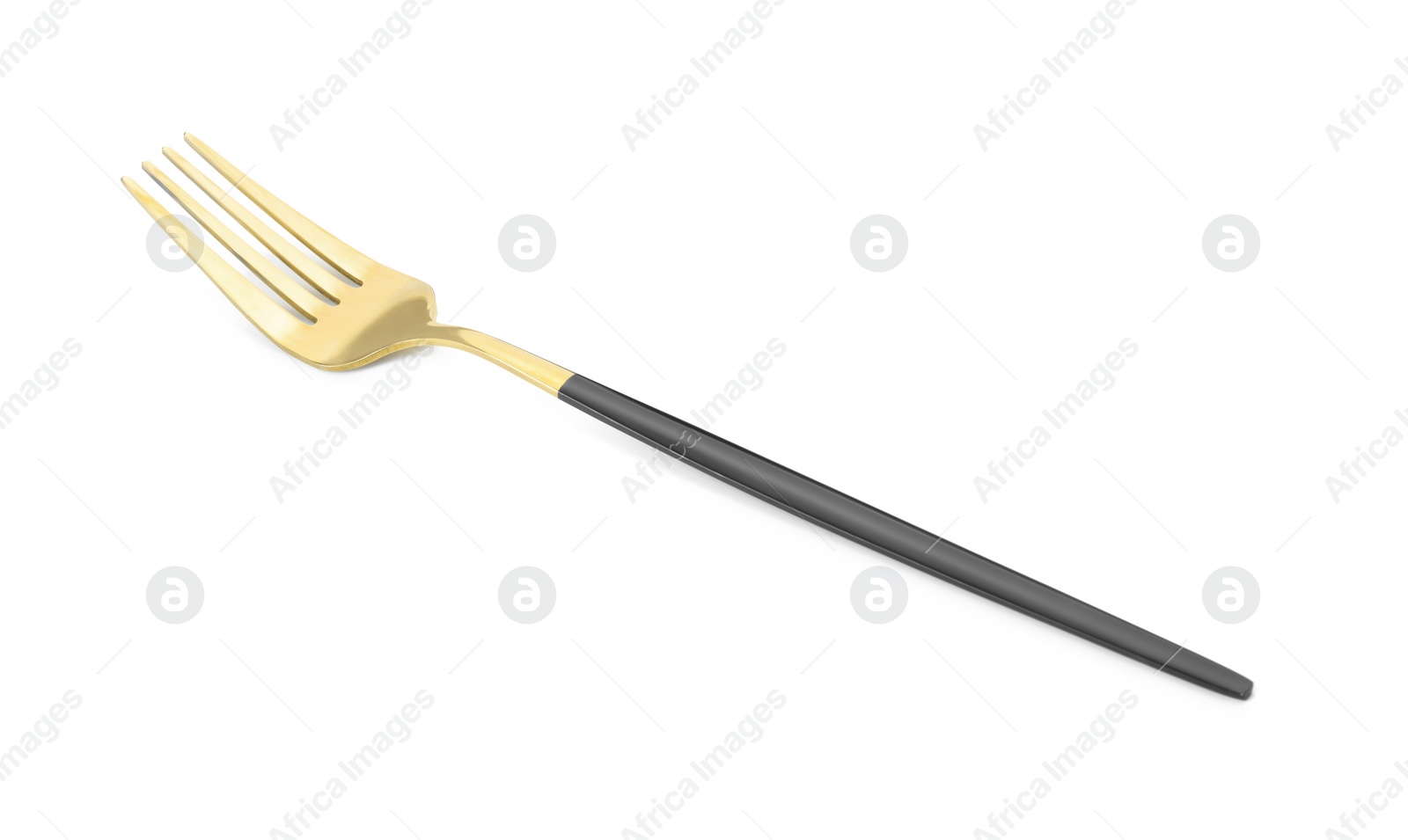 Photo of One shiny golden fork with black handle isolated on white