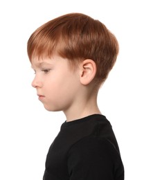 Photo of Little boy on white background. Children's bullying