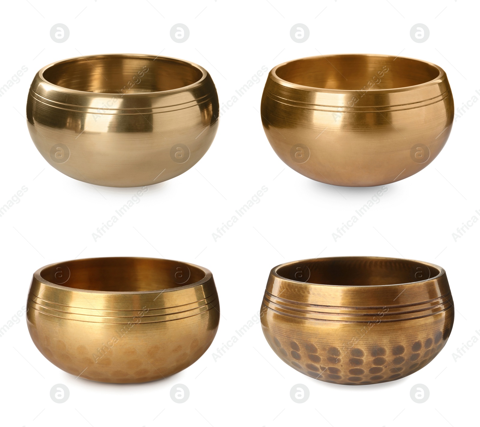 Image of Set with Tibetan singing bowls on white background 