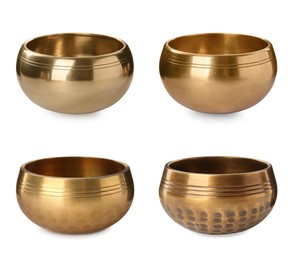 Set with Tibetan singing bowls on white background 