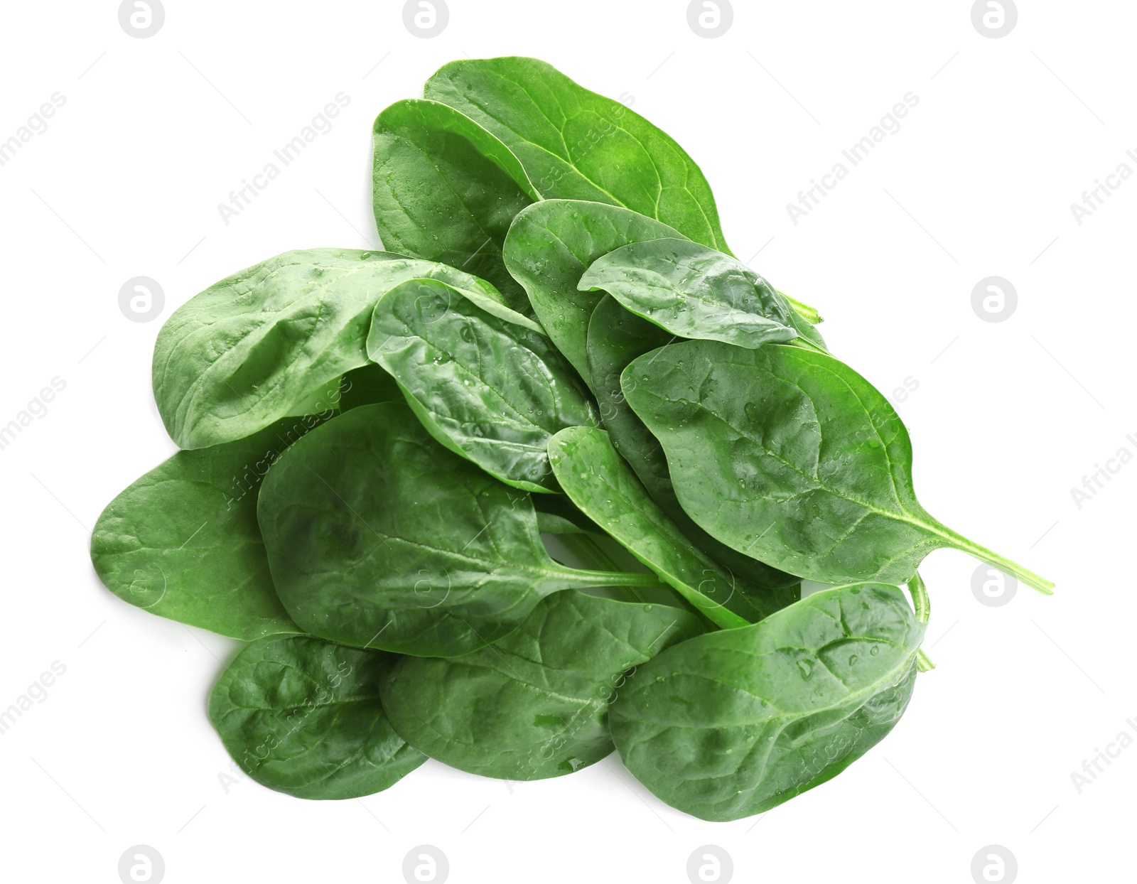 Photo of Heap of fresh green healthy baby spinach leaves isolated on white, top view