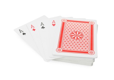 Photo of Four aces and other playing cards isolated on white. Poker game