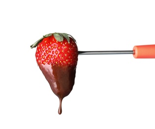 Strawberry with chocolate on fondue fork against white background