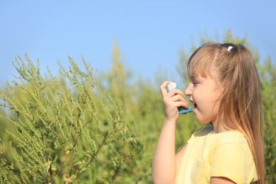 Photo of Little girl with inhaler suffering from ragweed allergy outdoors