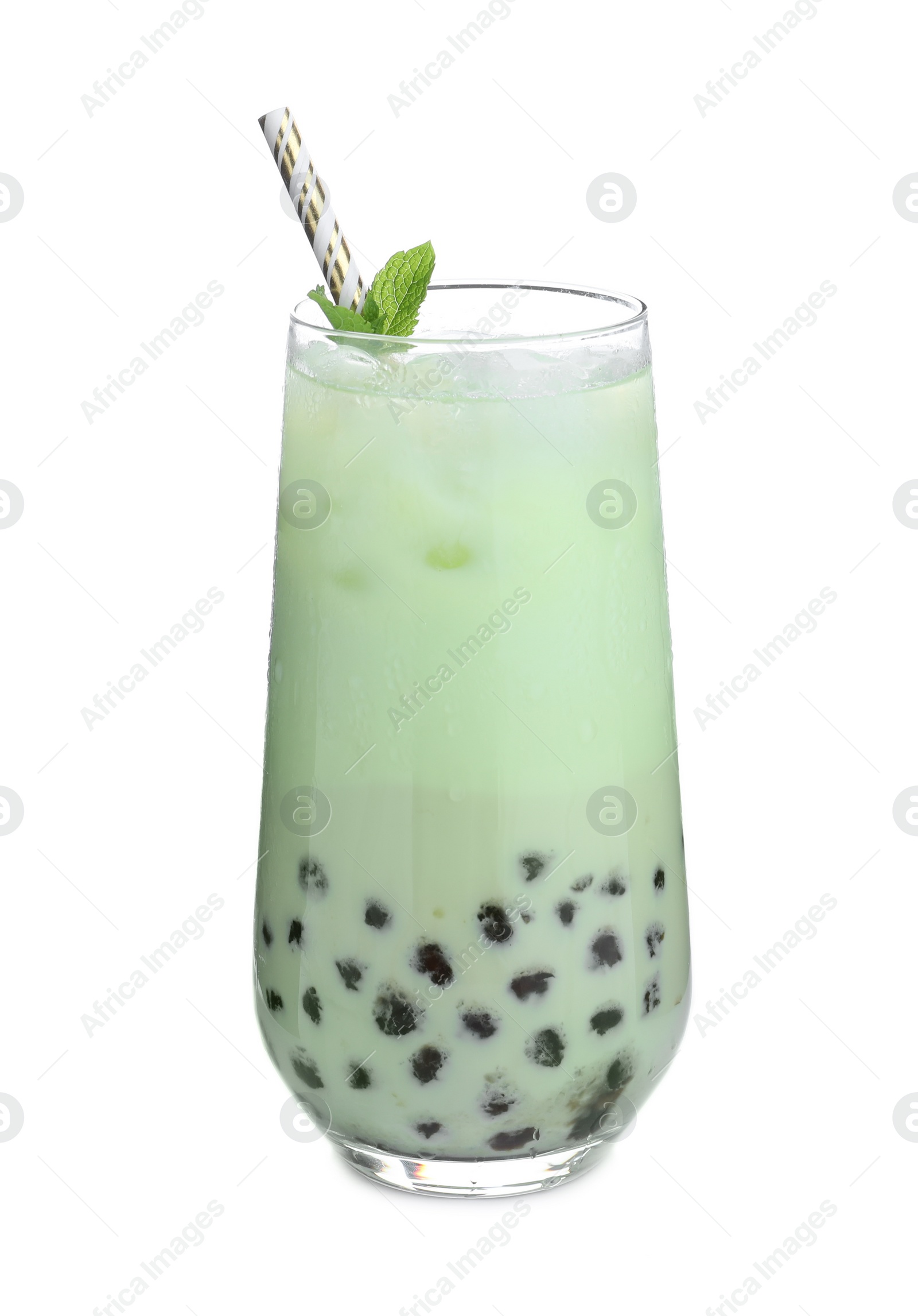 Photo of Tasty milk bubble tea with mint isolated on white