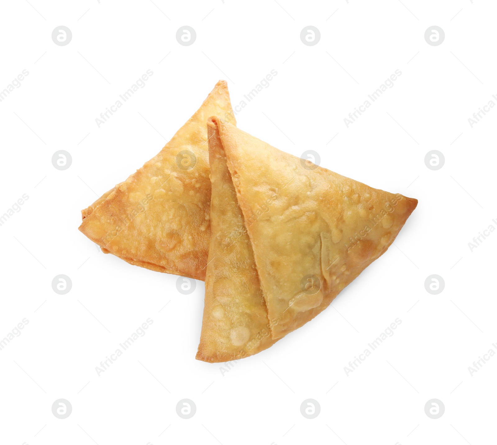 Photo of Fresh delicious crispy samosas on white background, top view