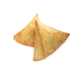 Fresh delicious crispy samosas on white background, top view