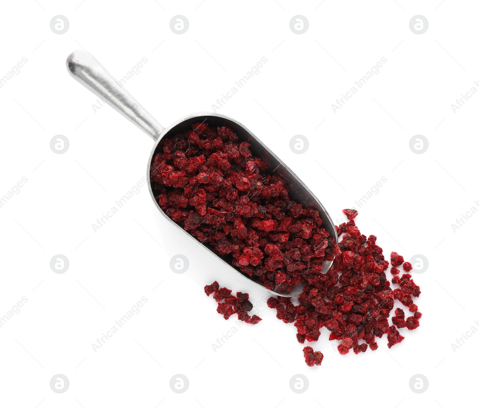 Photo of Dried red currants and scoop on white background, top view