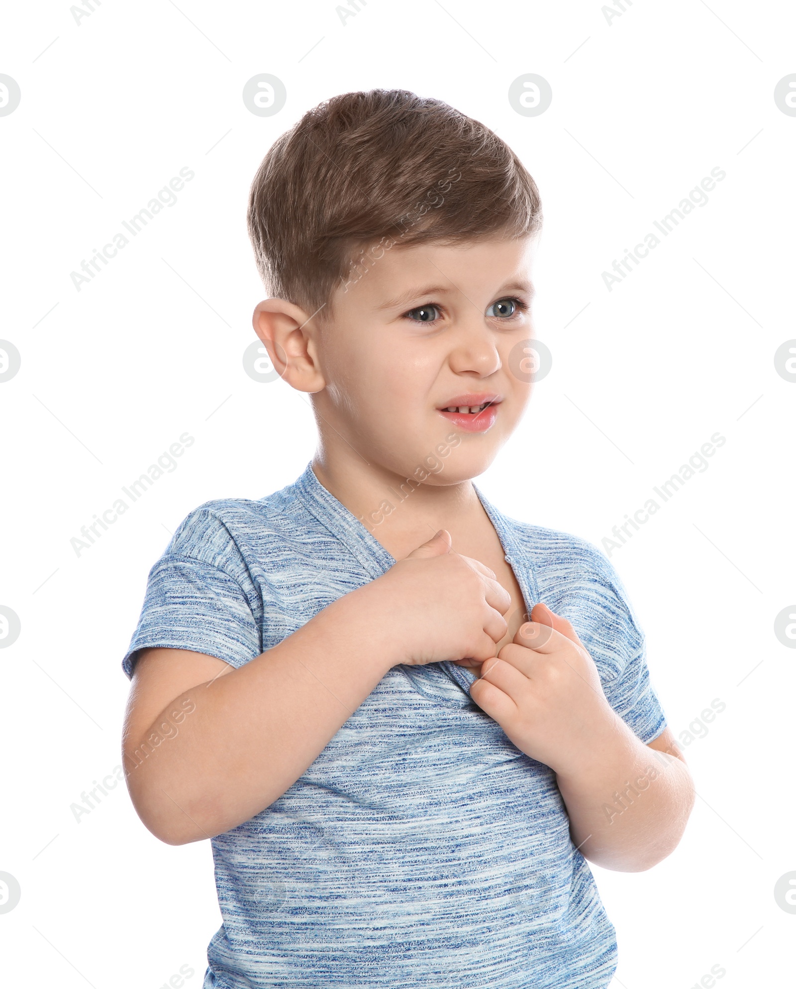 Photo of Little boy scratching chest on white background. Annoying itch