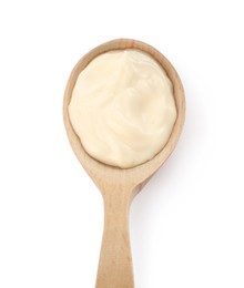 Wooden spoon with mayonnaise isolated on white, top view